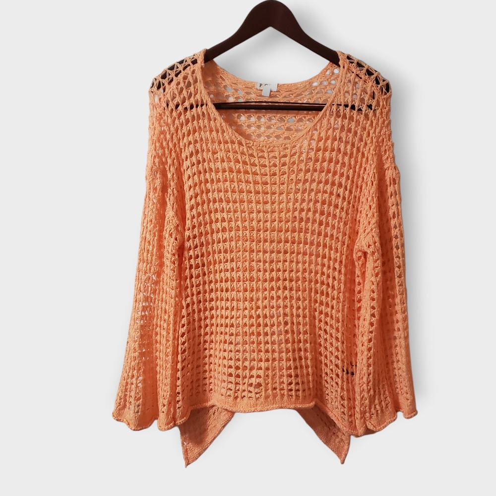 POL Crochet Open Knit Sweater Womens Medium Peach Orange Sharkbite Hem Boho Neon